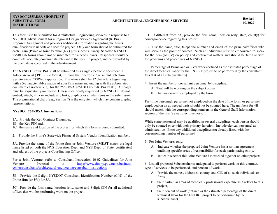 Instructions for Form NYSDOT255RDSA Architectural / Engineering Services Submittal Form - New York, Page 1