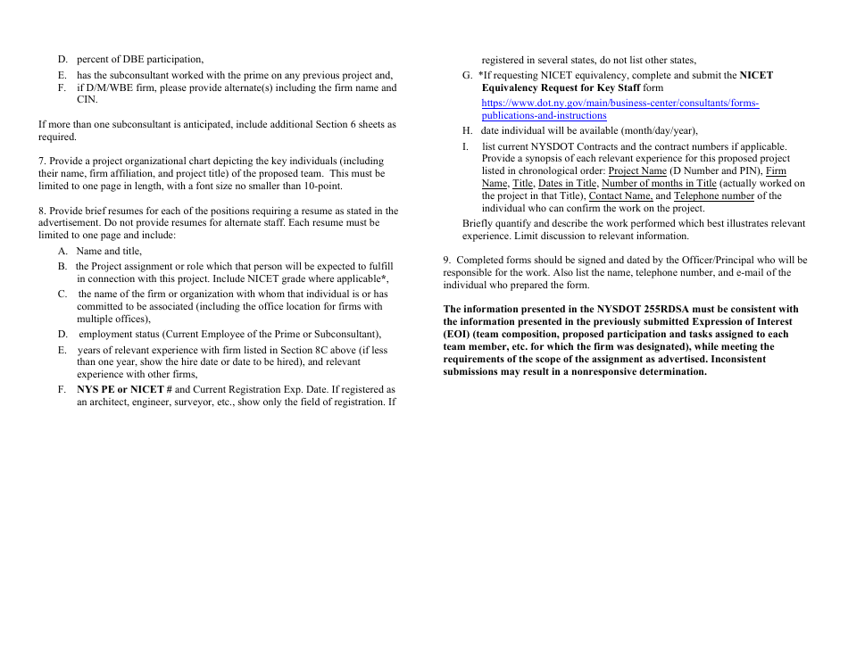 Instructions for Form NYSDOT255RDSA Architectural / Engineering Services Submittal Form - New York, Page 2