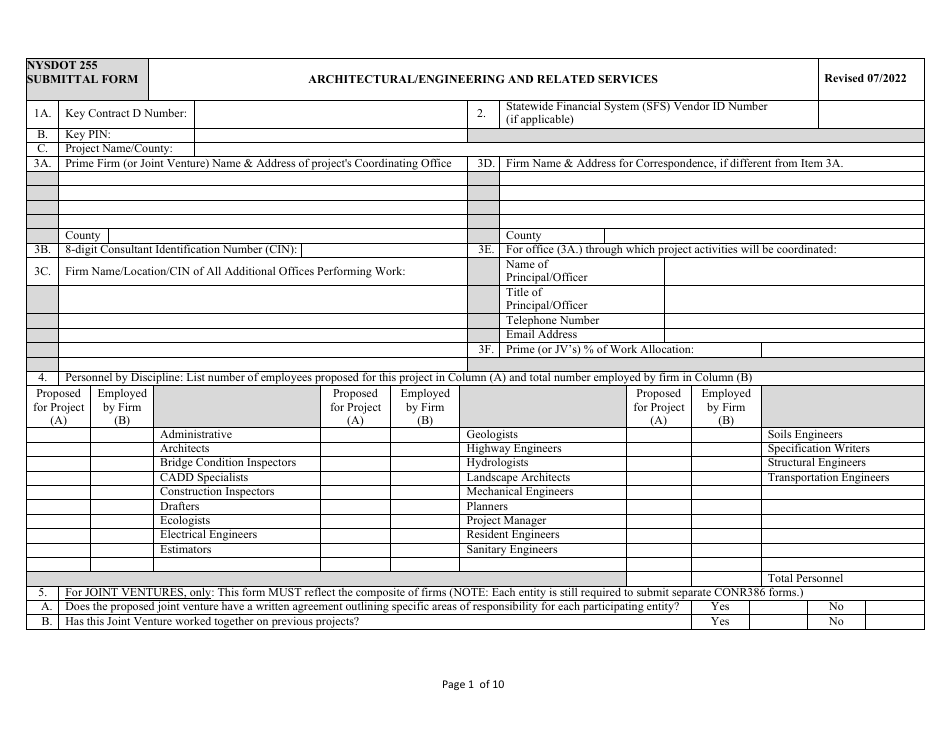 Form NYSDOT255 Architectural / Engineering and Related Services - New York, Page 1