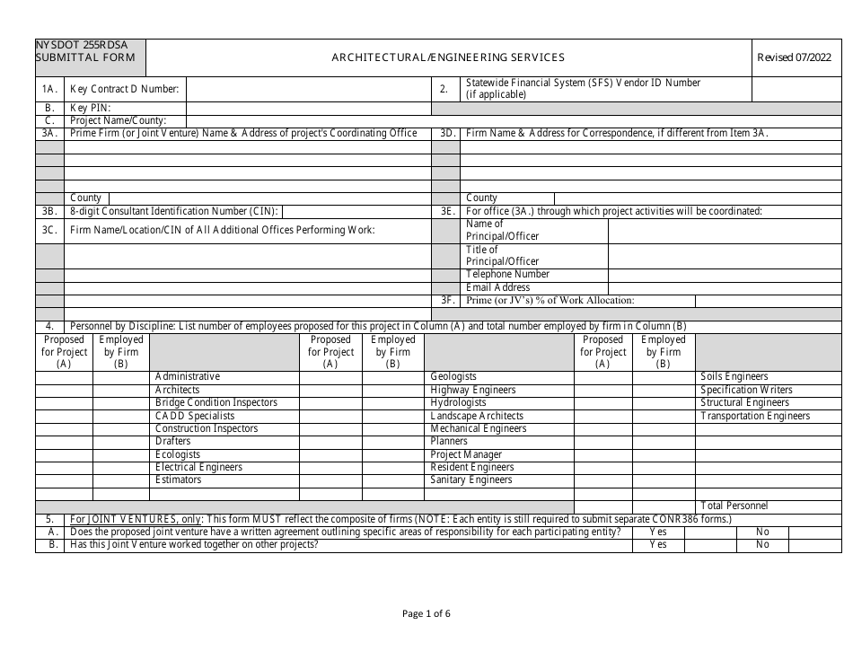 Form NYSDOT255RDSA Architectural / Engineering Services - New York, Page 1