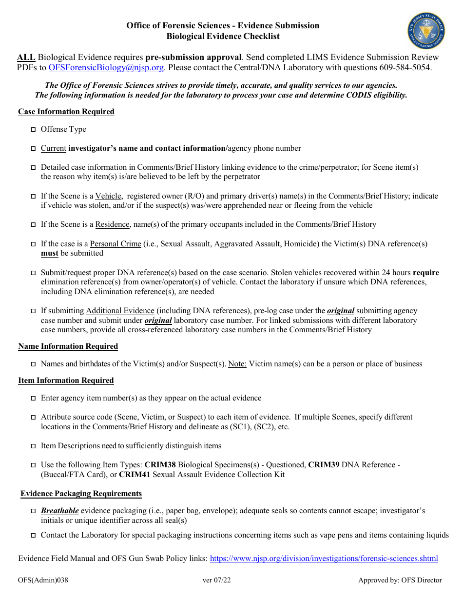 Form OFS038 Biological Evidence Submission Checklist - New Jersey, Page 1