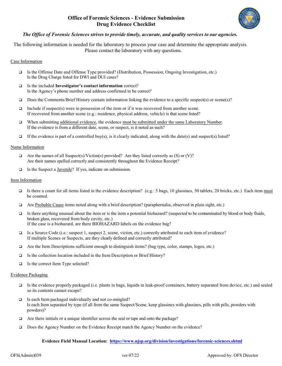 Form OFS039 Drug Evidence Submission Checklist - New Jersey, Page 1