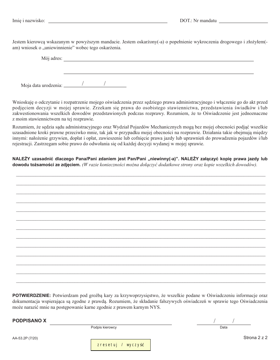 Form AA-53.2P Statement in Place of Personal Appearance - New York (Polish), Page 2