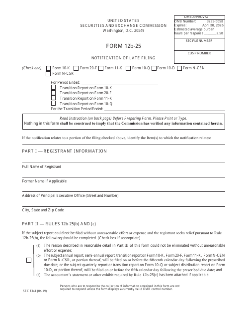 Form 12B-25 (SEC Form 1344)  Printable Pdf