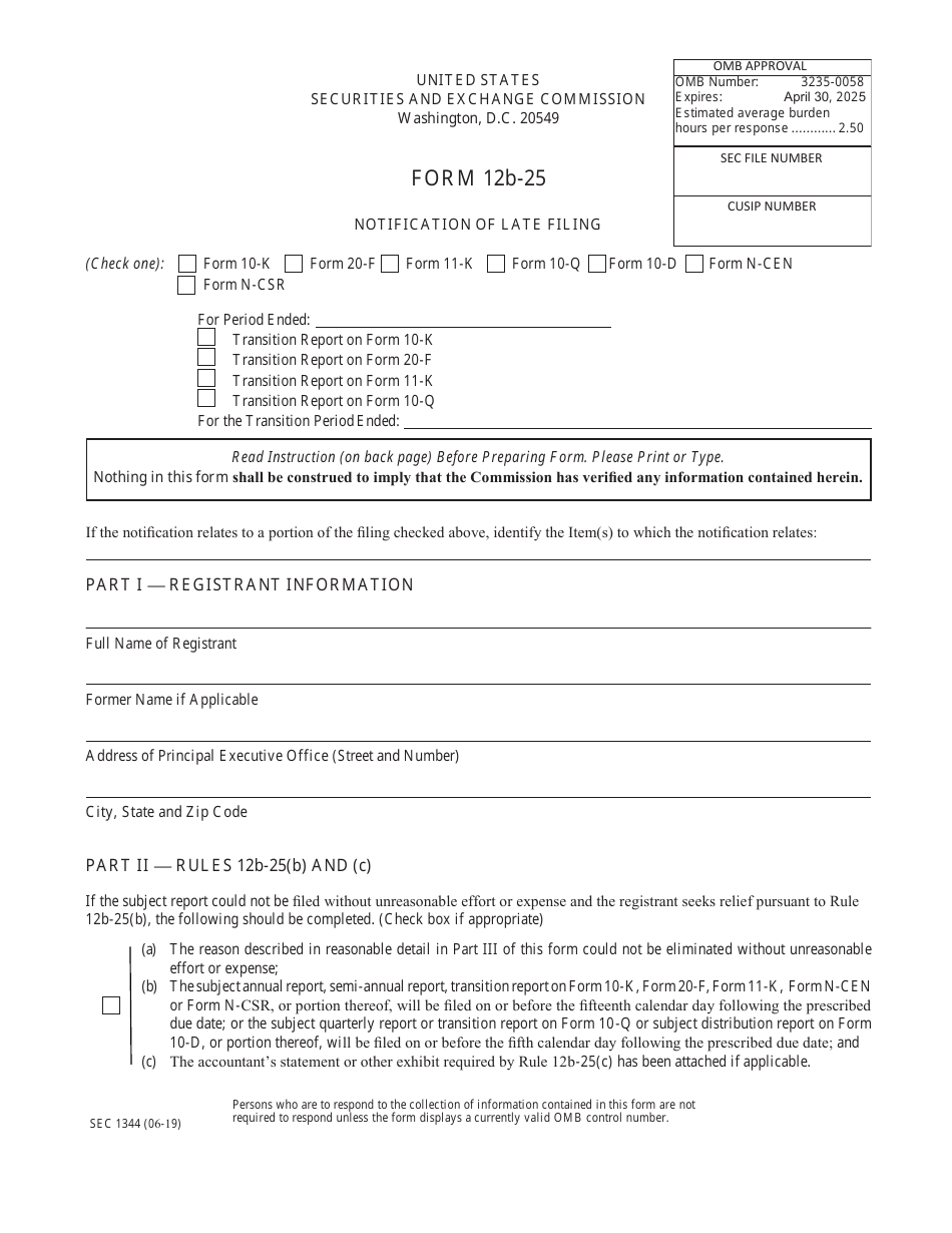 Form 12B-25 (SEC Form 1344) Notification of Late Filing, Page 1