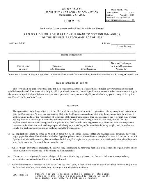 Form 18 (SEC Form 1421)  Printable Pdf