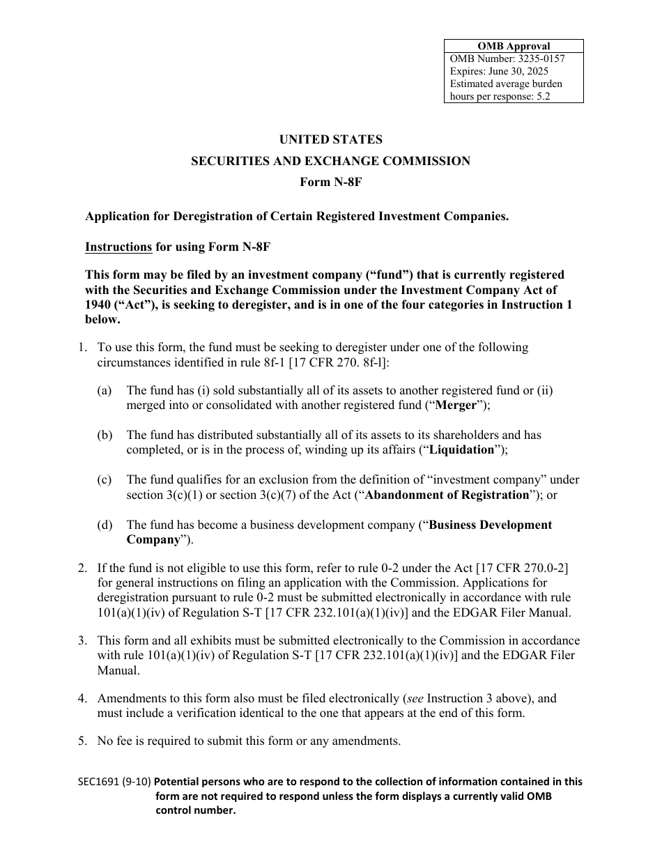 Form N-8F (SEC Form 1691) Application for Deregistration of Certain Registered Investment Companies, Page 1