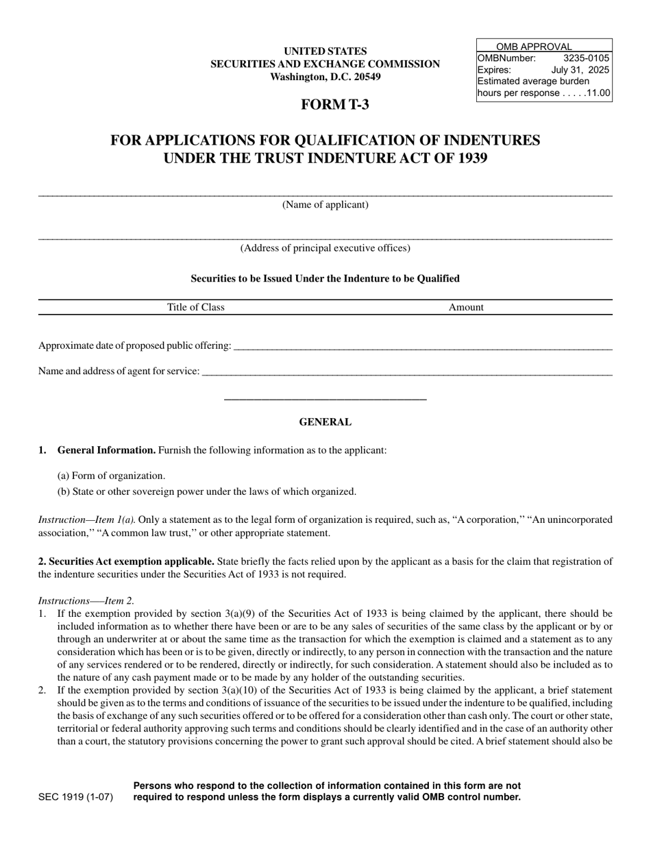 Form T-3 (SEC Form 1919) For Applications for Qualification of Indentures Under the Trust Indenture Act of 1939, Page 1