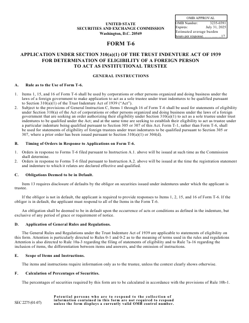 Form T-6 (SEC Form 2275)  Printable Pdf