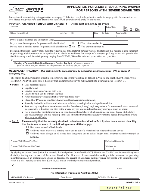 Form MV-664.1MP Application for a Metered Parking Waiver for Persons With Severe Disabilities - New York