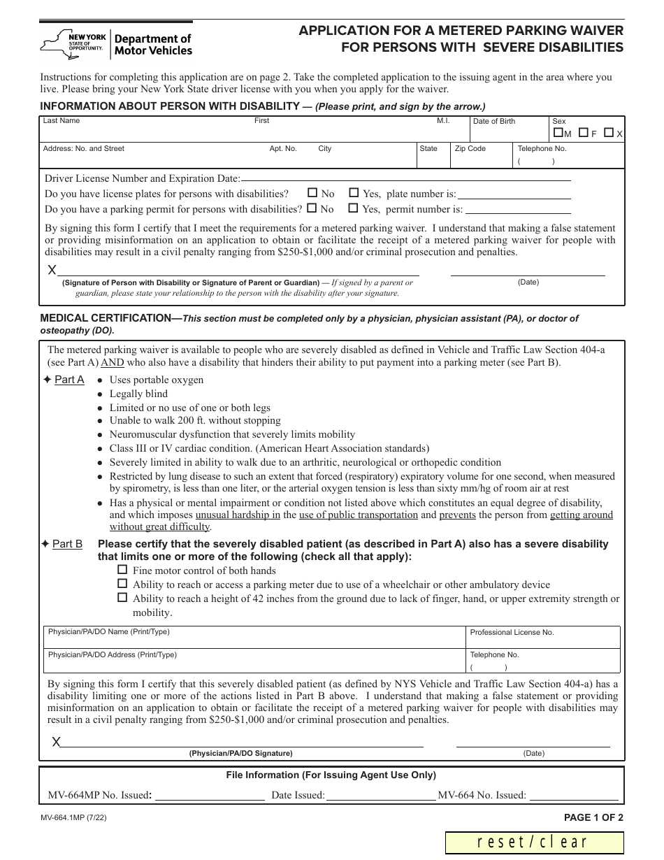 Form MV-664.1MP Application for a Metered Parking Waiver for Persons With Severe Disabilities - New York, Page 1