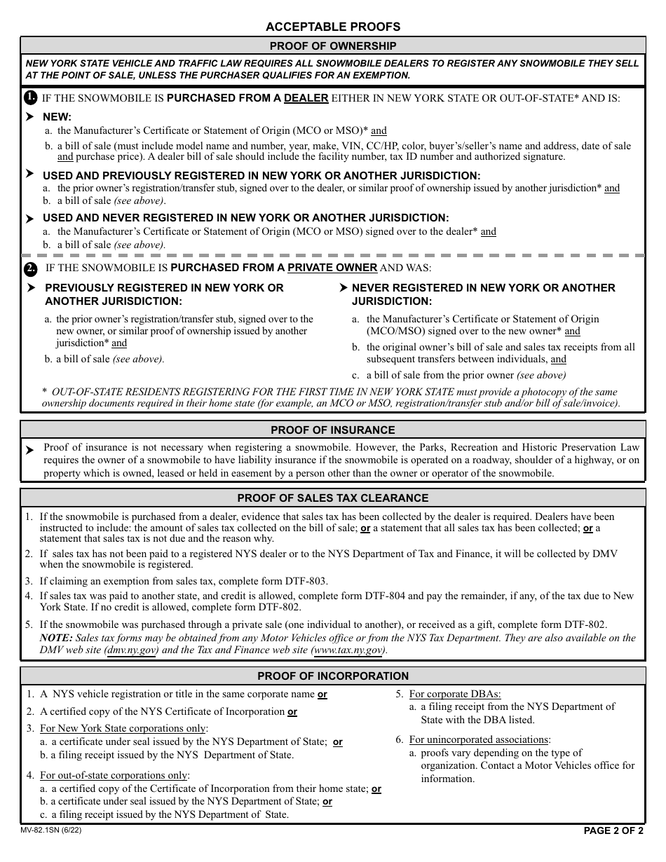 Form MV-82.1SN Registering a Snowmobile in New York State - New York, Page 2