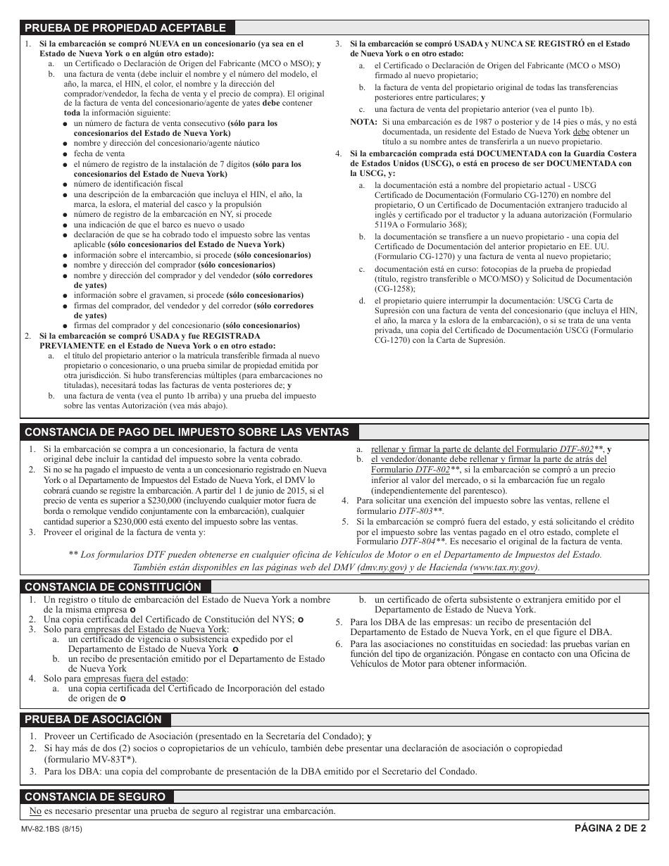 Formulario MV-82.1BS Registro / Titulo De Una Embarcacion En El Estado De Nueva York - New York (Spanish), Page 2
