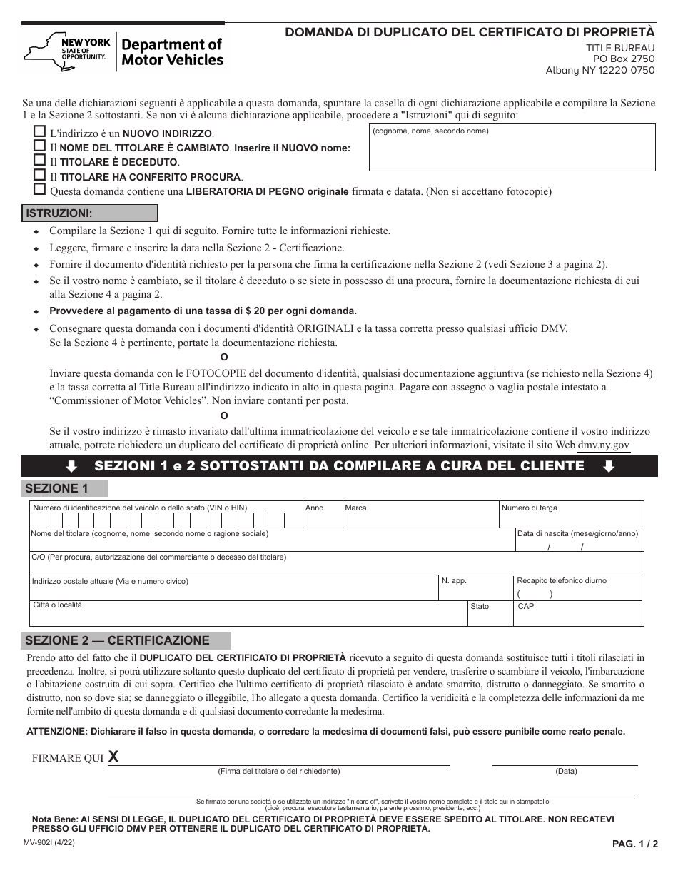 Form MV-902I Application for Duplicate Certificate of Title - New York (Italian), Page 1