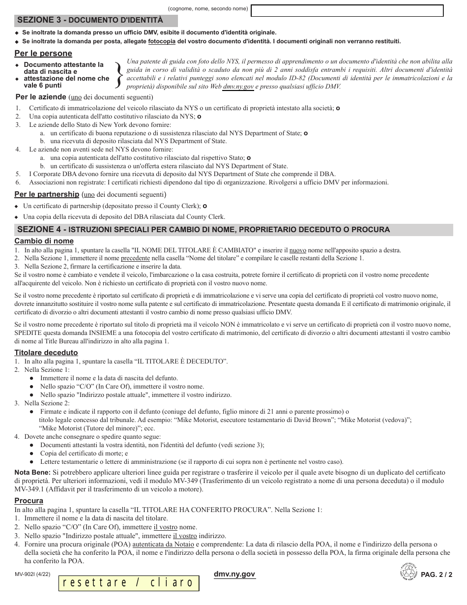 Form MV-902I Application for Duplicate Certificate of Title - New York (Italian), Page 2