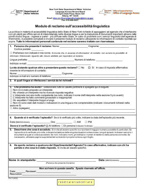 Form PA-7I Language Access Complaint Form - New York (Italian)