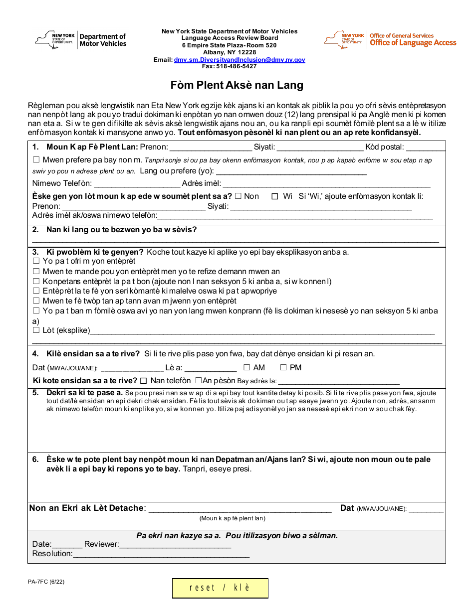 Form PA-7FC Download Fillable PDF or Fill Online Language Access ...