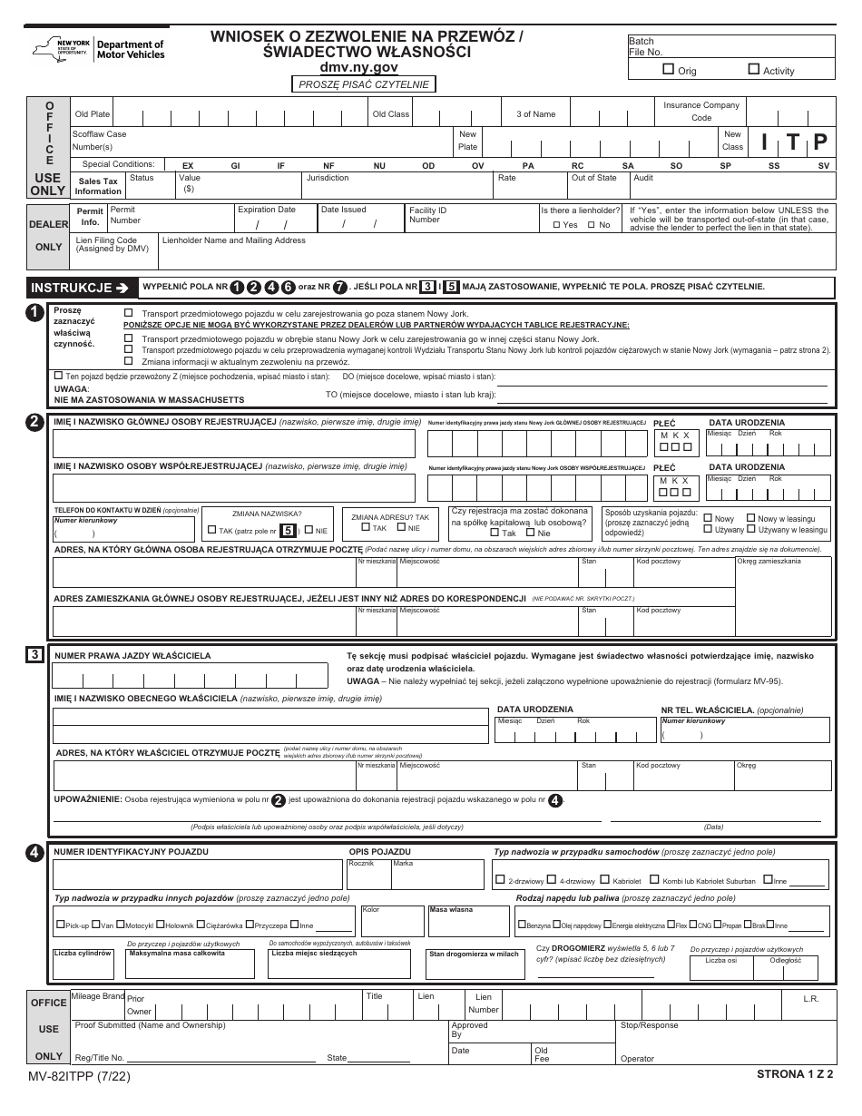 Form MV-82ITPP In-transit Permit / Title Application - New York (Polish), Page 1