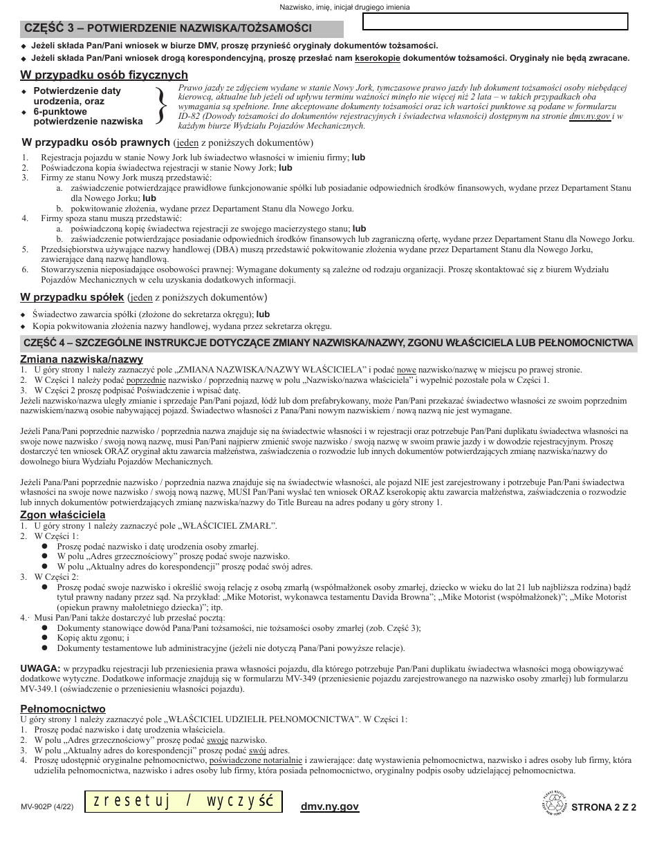 Form MV-902P Application for Duplicate Certificate of Title - New York (Polish), Page 2