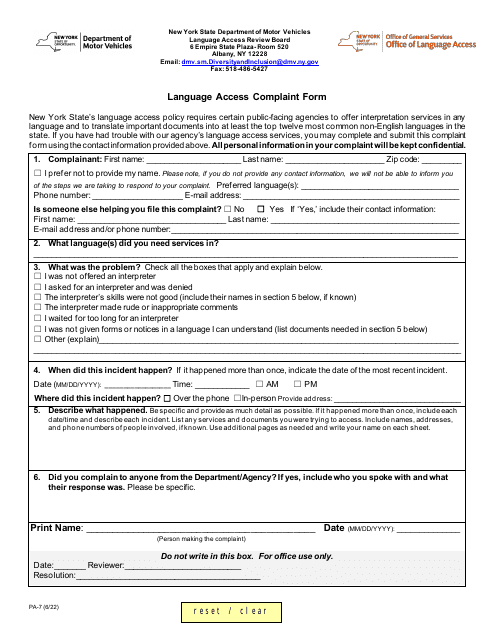 Form PA-7 Language Access Complaint Form - New York