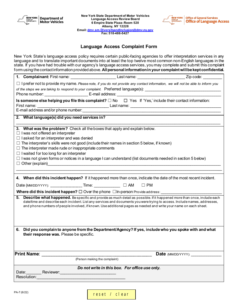 Form PA-7 Language Access Complaint Form - New York, Page 1