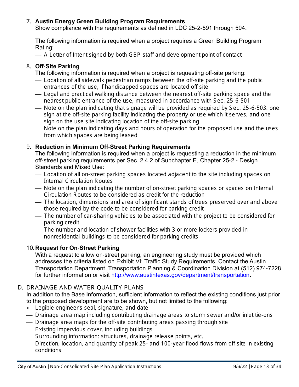 Instructions for Non-consolidated Site Plan Application - Construction Element (B Plan / D Plan) - City of Austin, Texas, Page 13