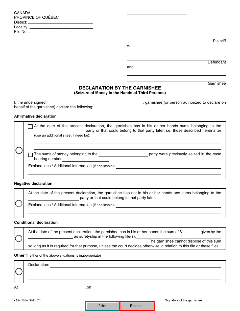 Form SJ-1120A Declaration by the Garnishee (Seizure of Money in the Hands of Third Persons) - Quebec, Canada, Page 2