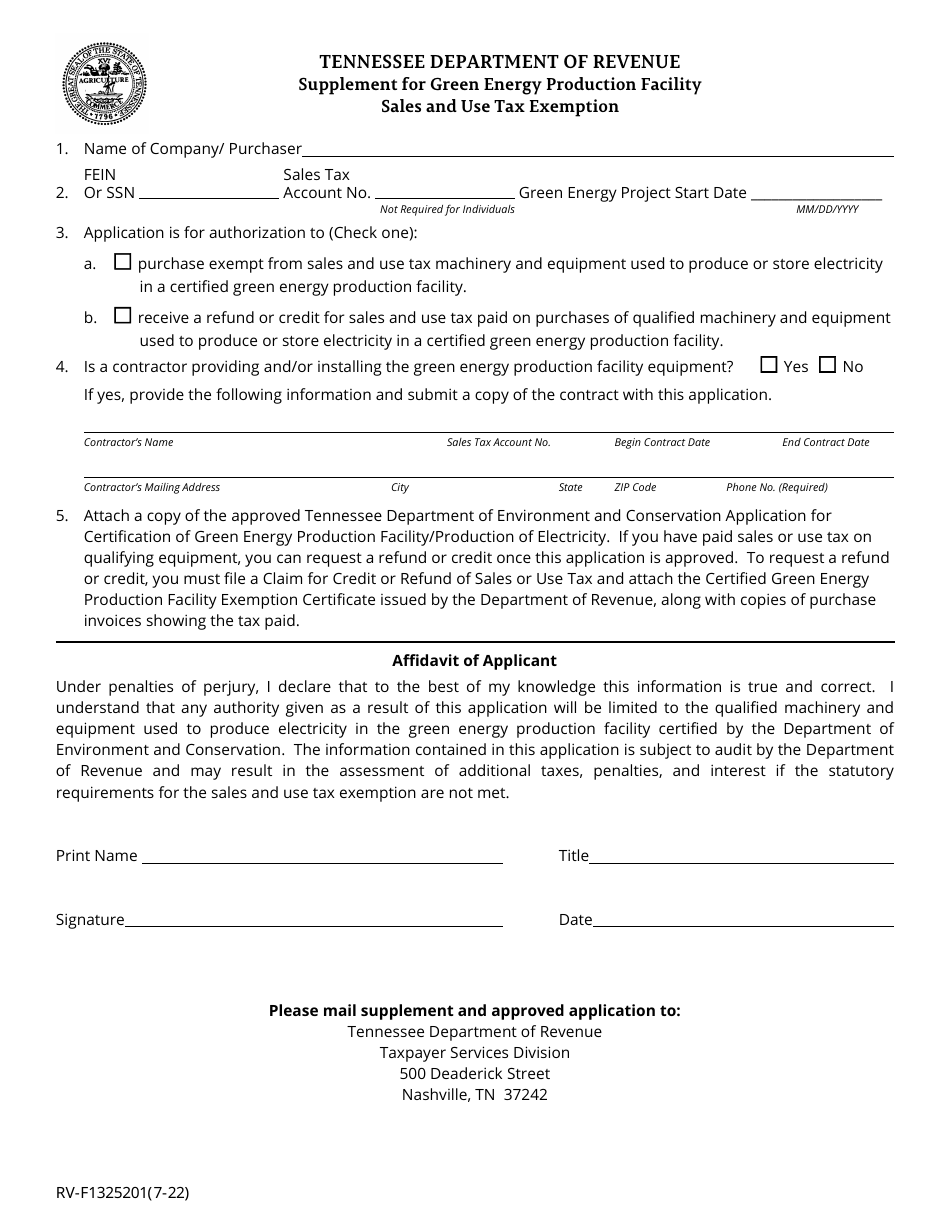 Form RV-F1325201 Supplement for Green Energy Production Facility Sales and Use Tax Exemption - Tennessee, Page 1