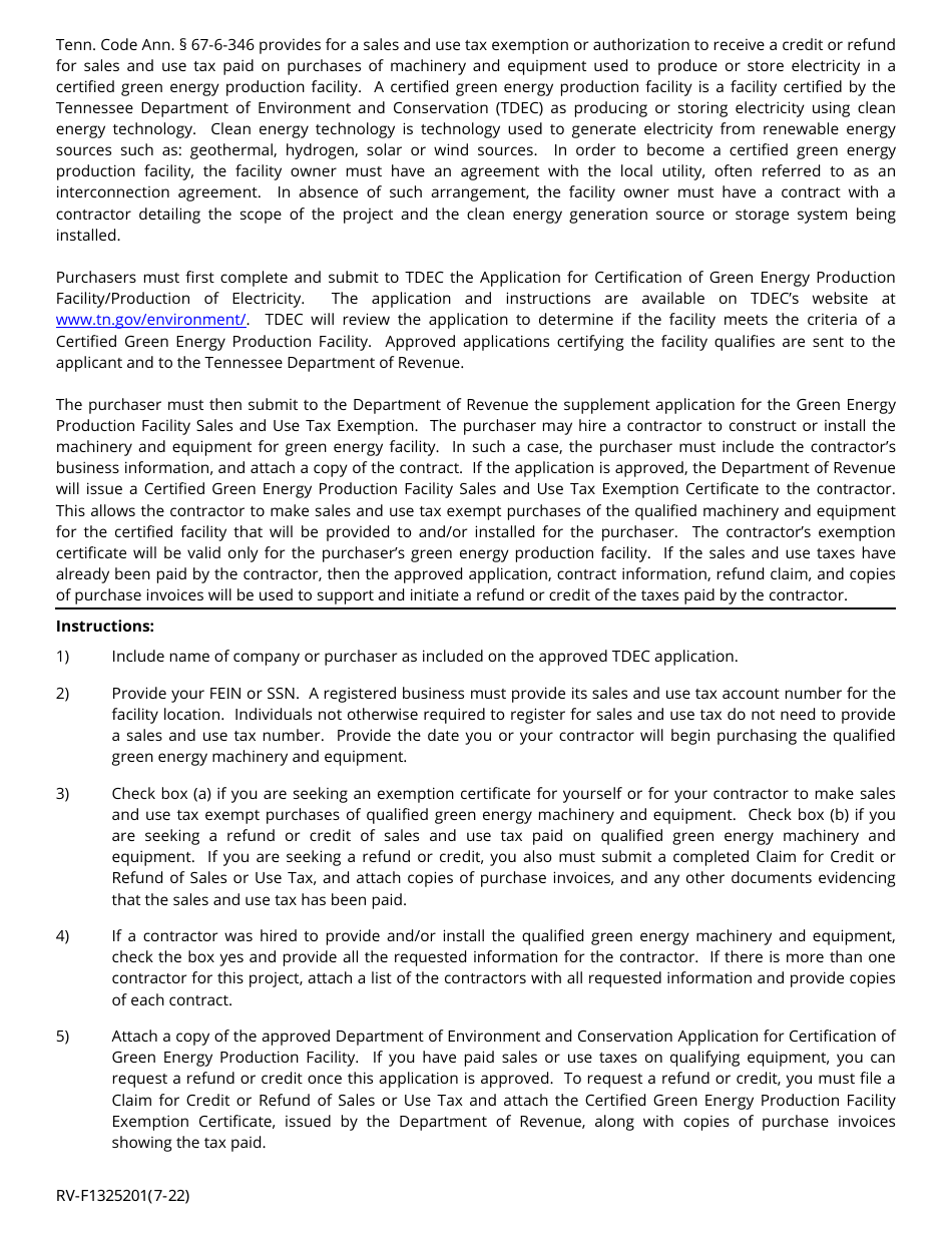 Form RV-F1325201 Supplement for Green Energy Production Facility Sales and Use Tax Exemption - Tennessee, Page 2