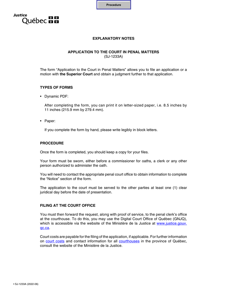 Form SJ-1233A Application to the Court in Penal Matters - Quebec, Canada, Page 1