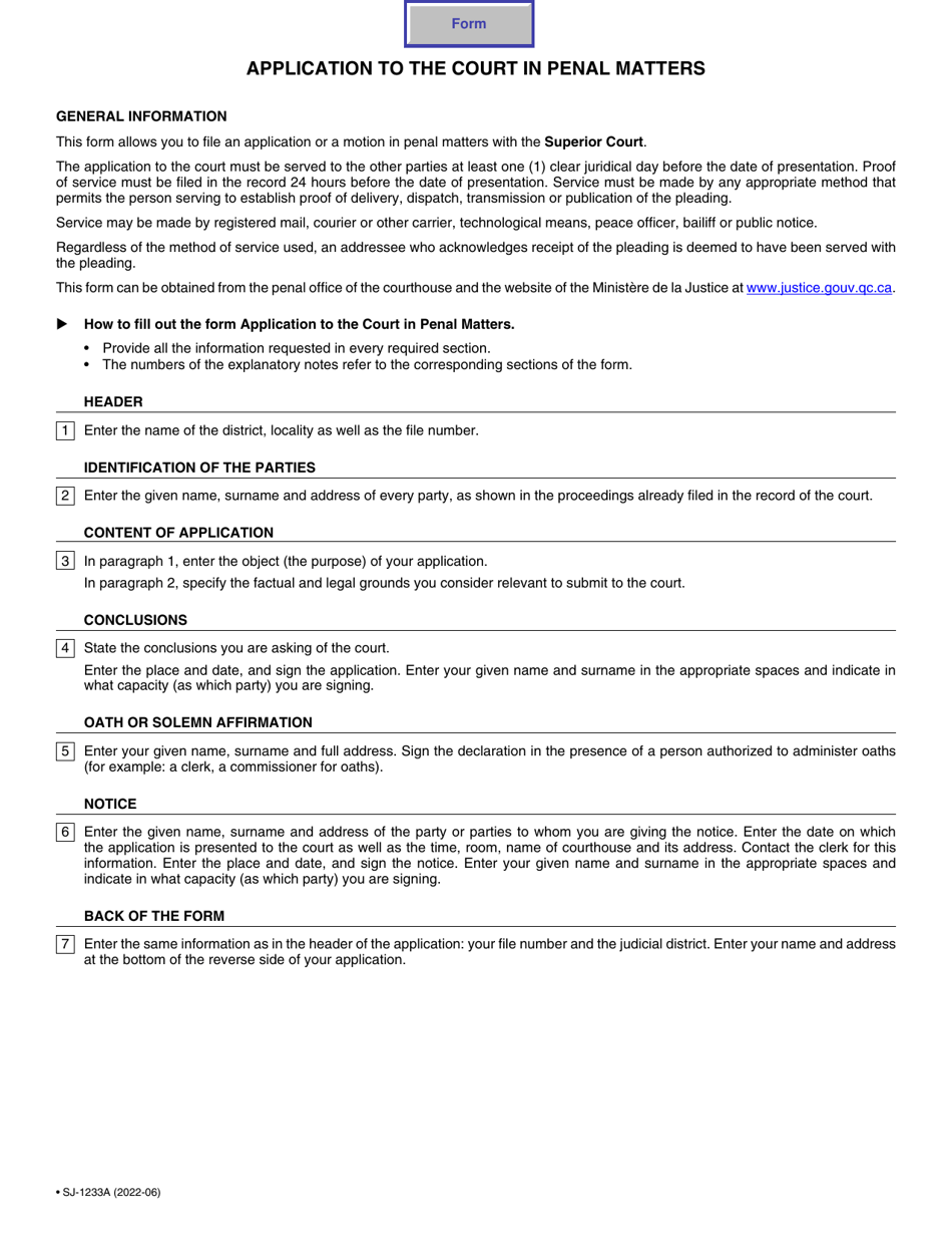 Form SJ-1233A Application to the Court in Penal Matters - Quebec, Canada, Page 2