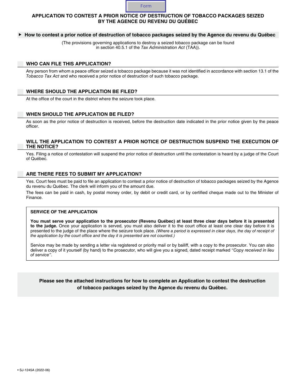 Form SJ-1245A Application to Contest a Prior Notice of Destruction of Tobacco Packages Seized by the Agence Du Revenu Du Quebec - Quebec, Canada, Page 2