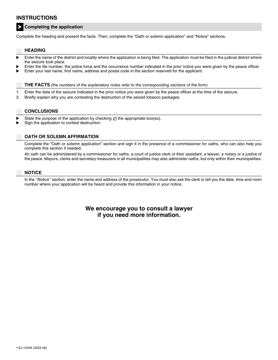 Form SJ-1245A Application to Contest a Prior Notice of Destruction of Tobacco Packages Seized by the Agence Du Revenu Du Quebec - Quebec, Canada, Page 3