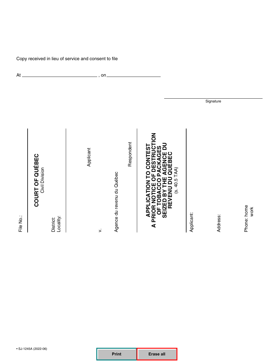 Form SJ-1245A Application to Contest a Prior Notice of Destruction of Tobacco Packages Seized by the Agence Du Revenu Du Quebec - Quebec, Canada, Page 6