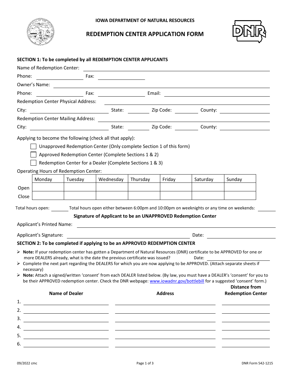 DNR Form 542-1215 Redemption Center Application Form - Iowa, Page 1
