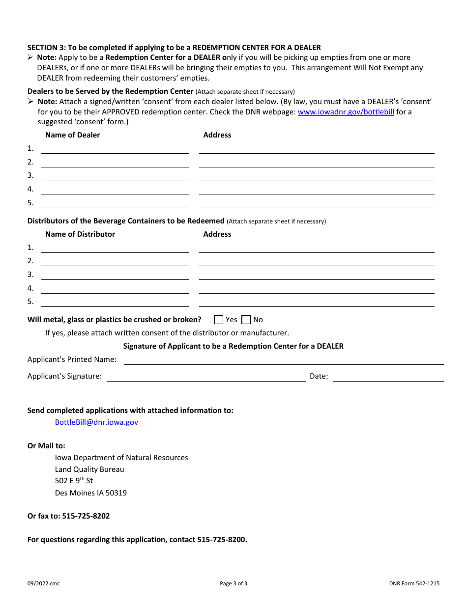 DNR Form 542-1215 Redemption Center Application Form - Iowa, Page 3