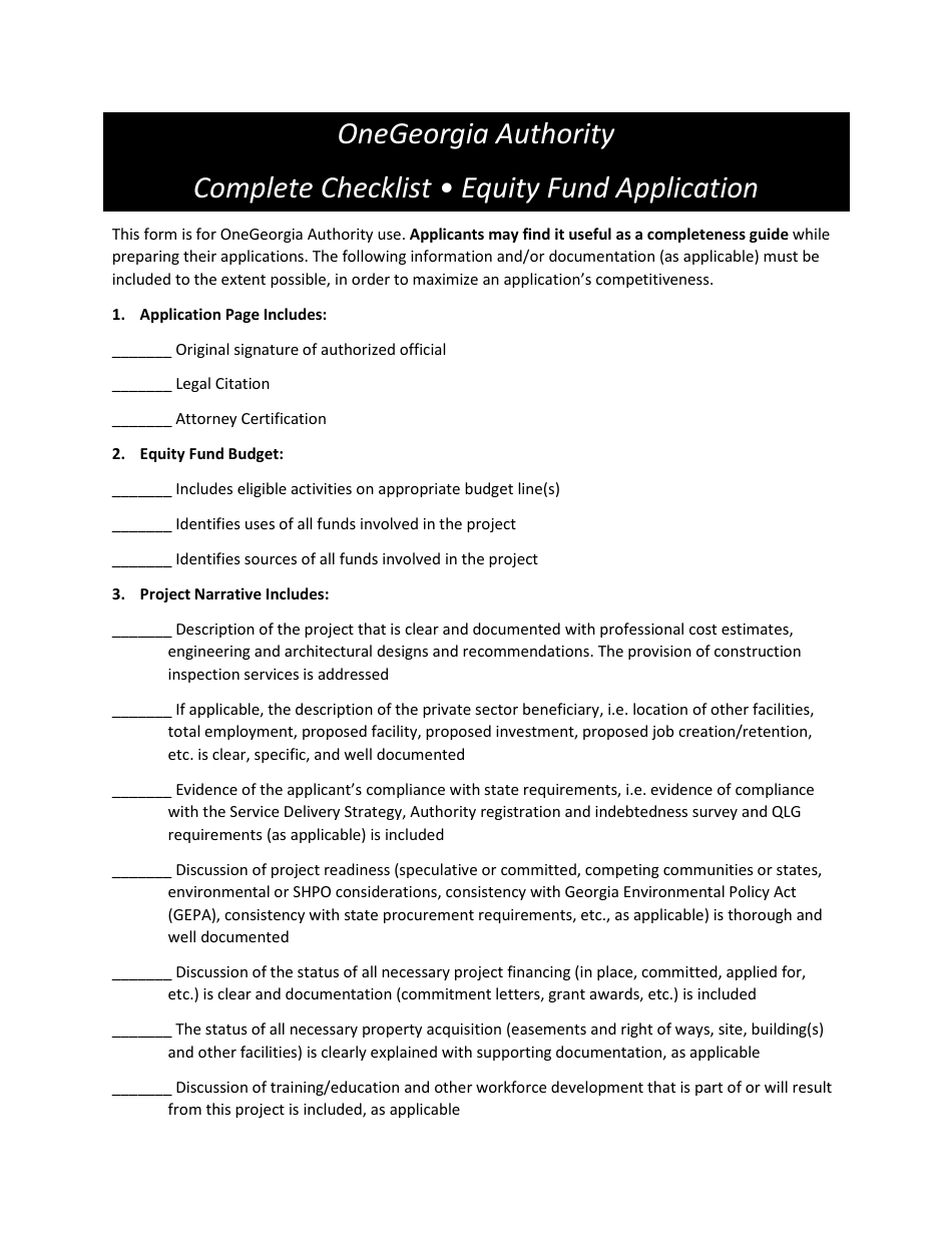 Equity Fund Application Checklist - Onegeorgia Authority - Georgia (United States), Page 1