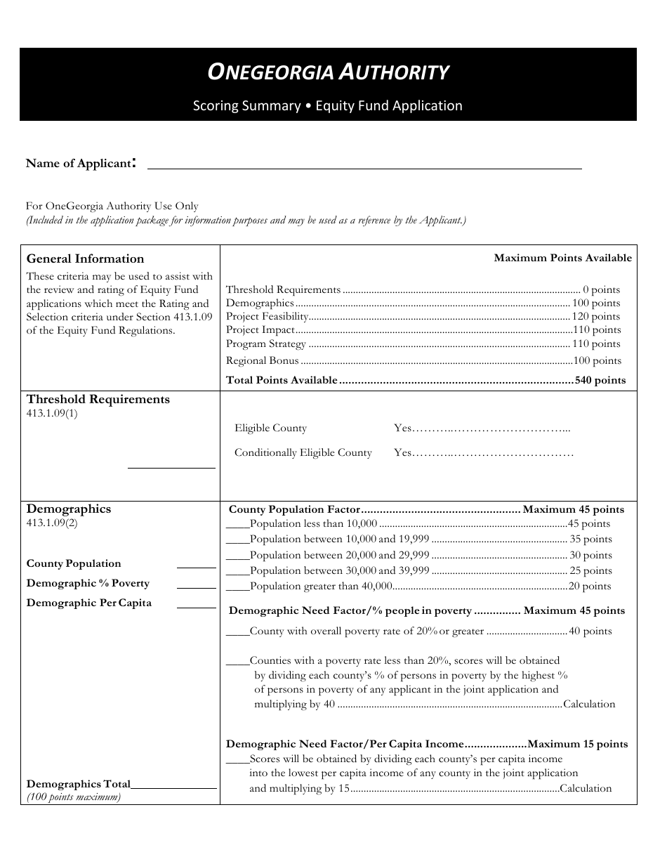 Scoring Summary - Equity Fund Application - Onegeorgia Authority - Georgia (United States), Page 1