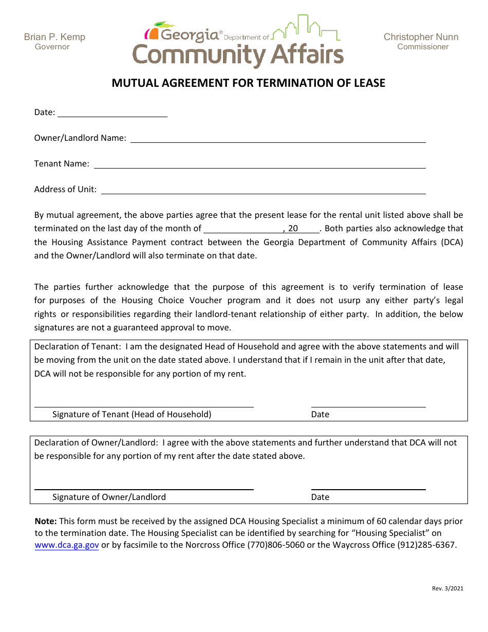 Mutual Agreement for Termination of Lease - Georgia (United States), Page 1