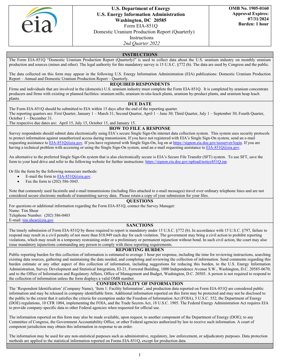 Instructions for Form EIA-851Q Domestic Uranium Production Report (Quarterly) - 2nd Quarter, Page 1
