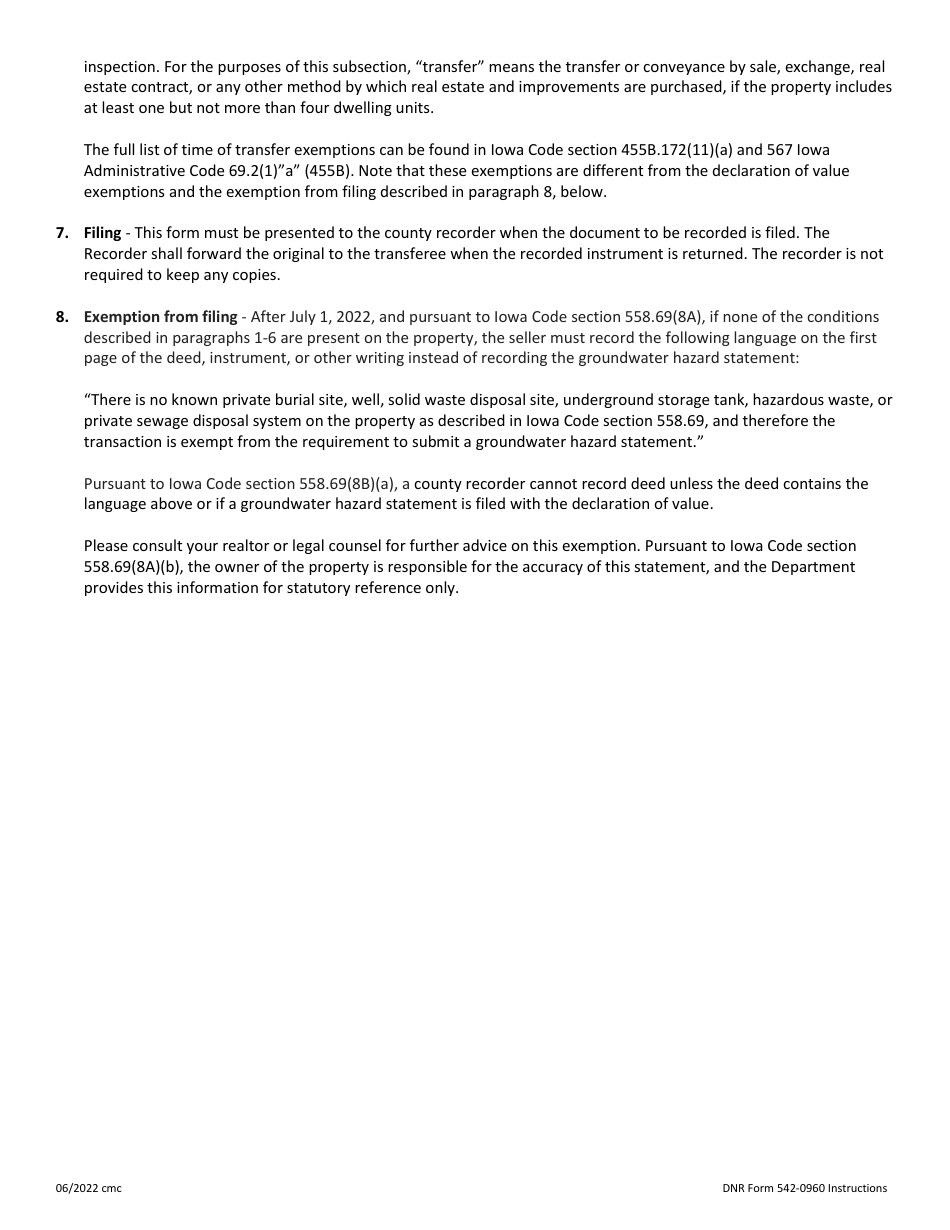Instructions for DNR Form 542-0960 Real Estate Transfer - Groundwater Hazard Statement - Iowa, Page 3