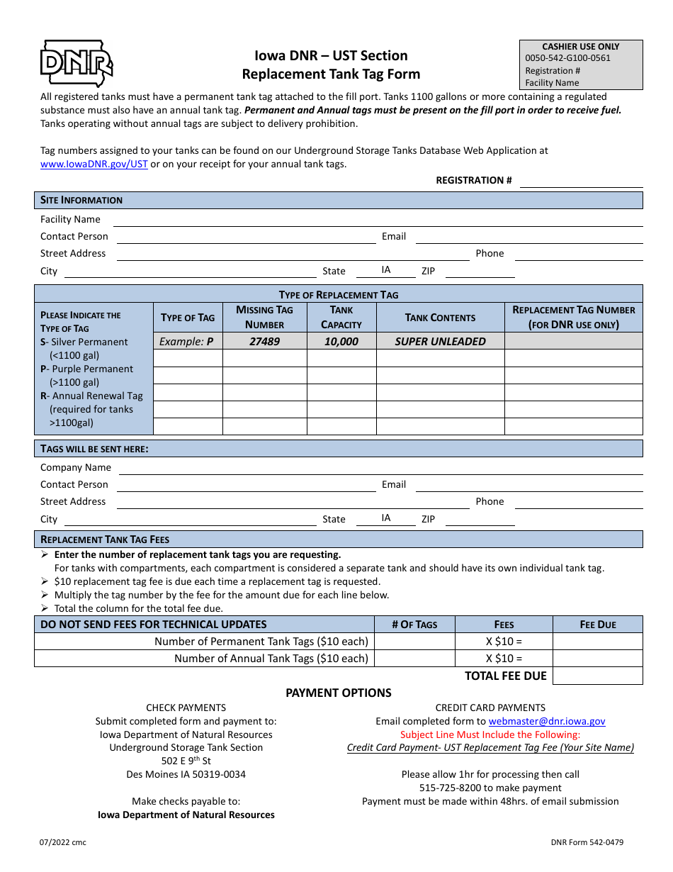 DNR Form 542-0479 Ust Replacement Tank Tag Form - Iowa, Page 1