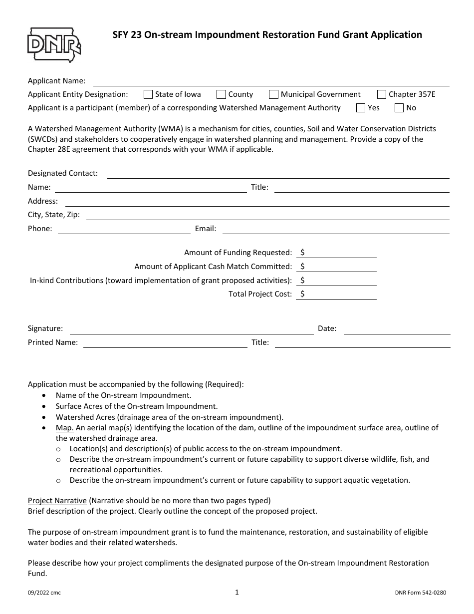 DNR Form 542-0280 On-Stream Impoundment Restoration Fund Grant Application - Iowa, Page 1