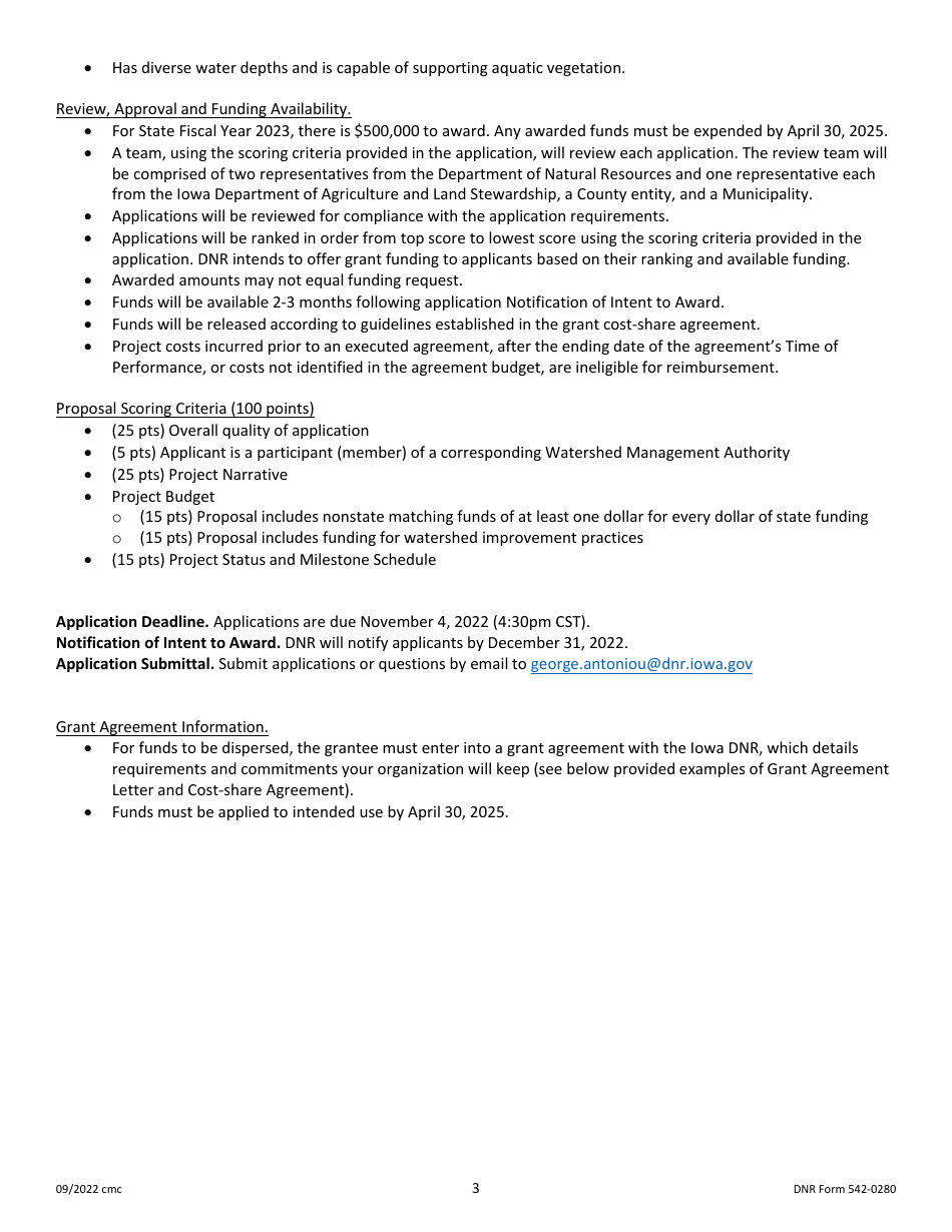 DNR Form 542-0280 On-Stream Impoundment Restoration Fund Grant Application - Iowa, Page 3
