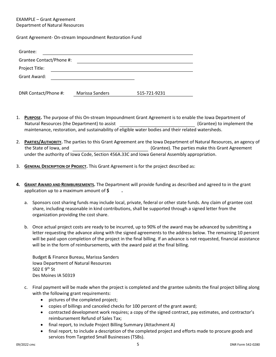 DNR Form 542-0280 On-Stream Impoundment Restoration Fund Grant Application - Iowa, Page 5