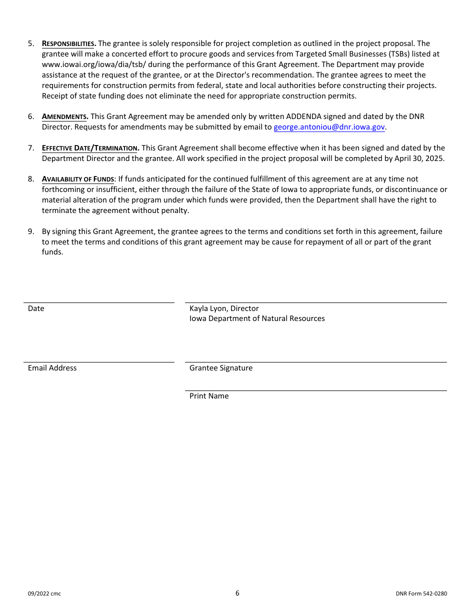 DNR Form 542-0280 On-Stream Impoundment Restoration Fund Grant Application - Iowa, Page 6
