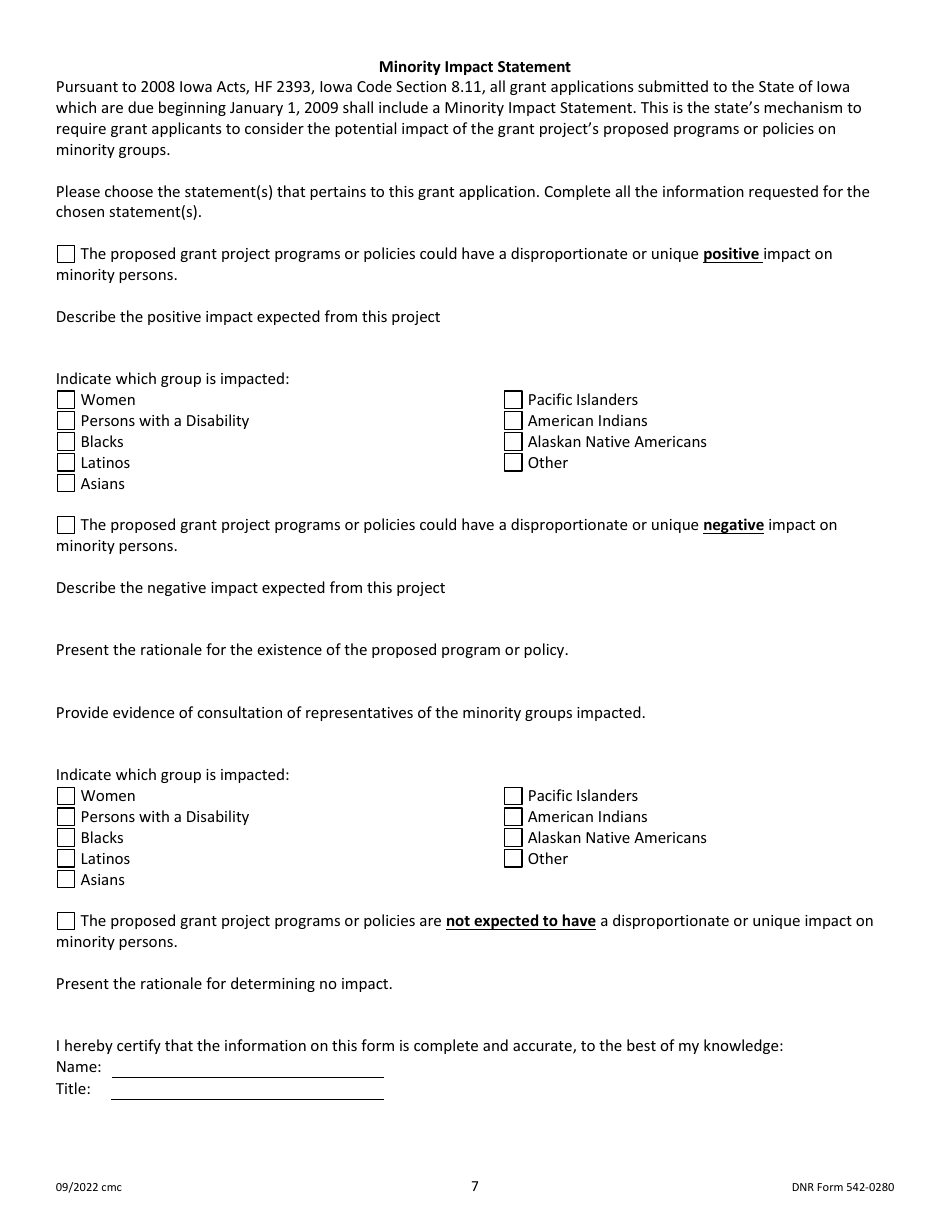 DNR Form 542-0280 On-Stream Impoundment Restoration Fund Grant Application - Iowa, Page 7