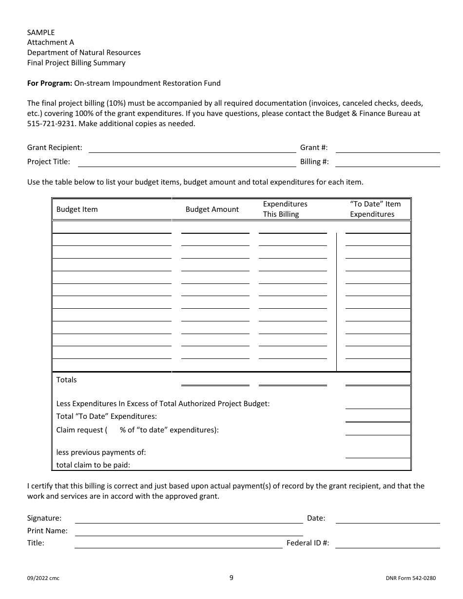 DNR Form 542-0280 On-Stream Impoundment Restoration Fund Grant Application - Iowa, Page 9