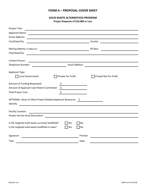 DNR Form 542-0240 Swap Application - Project Requests of $10,000 or Less - Iowa