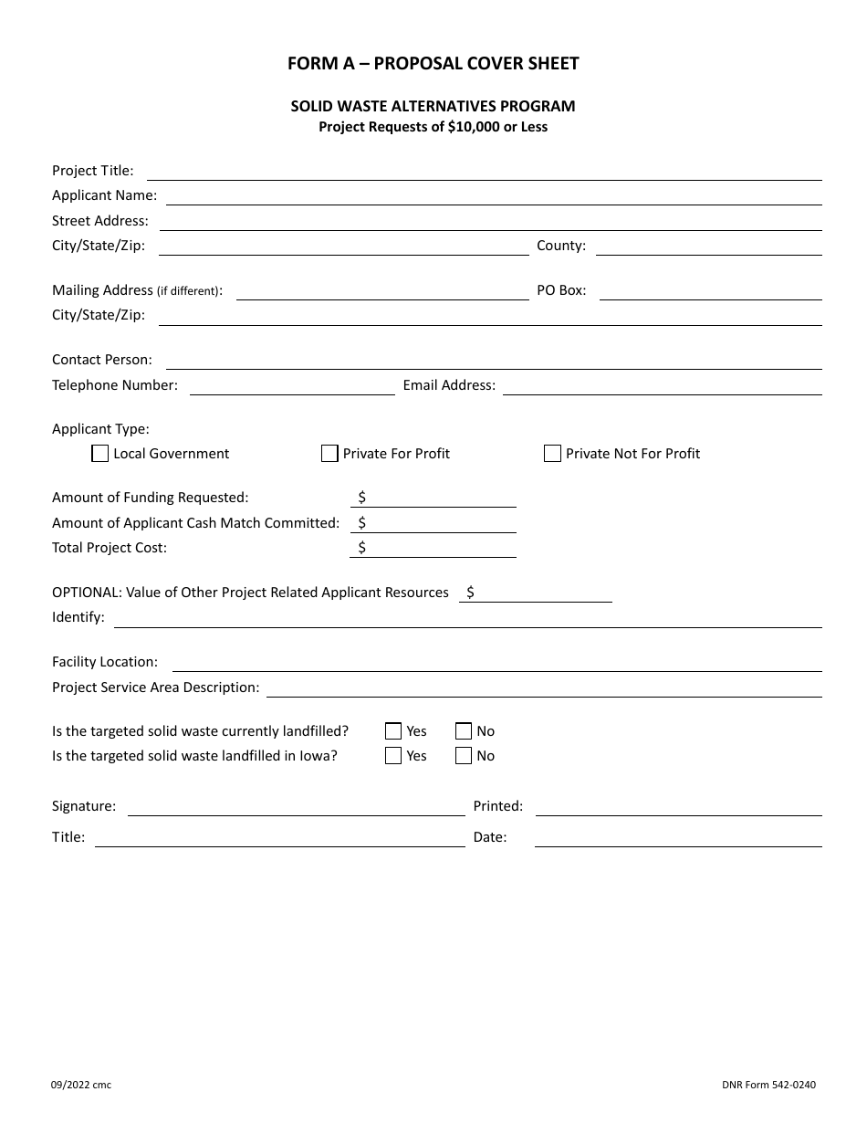 DNR Form 542-0240 Swap Application - Project Requests of $10,000 or Less - Iowa, Page 1